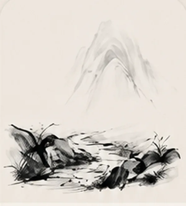Ink-wash painting of a mountain rising above a rocky shore